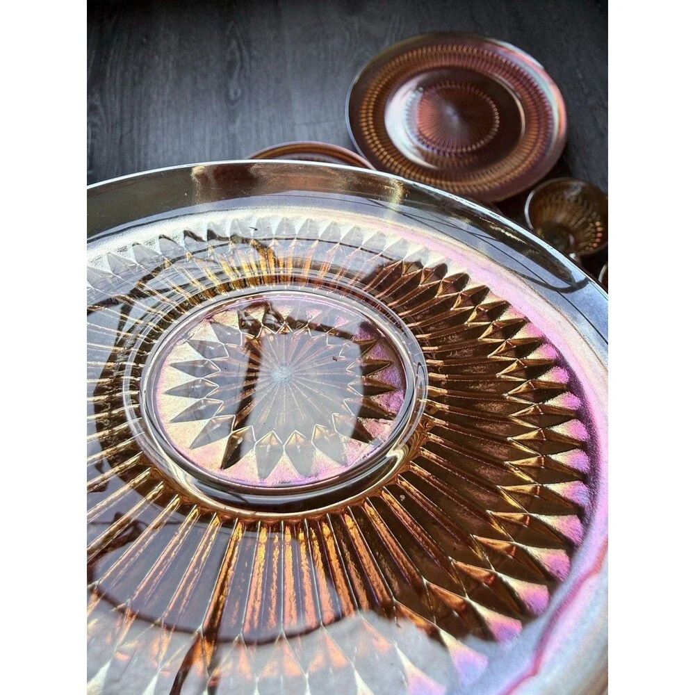 VTG 1960s Iridescent Jeanette‎ Marigold Carnival Glass Anniversary 17 Piece Set
